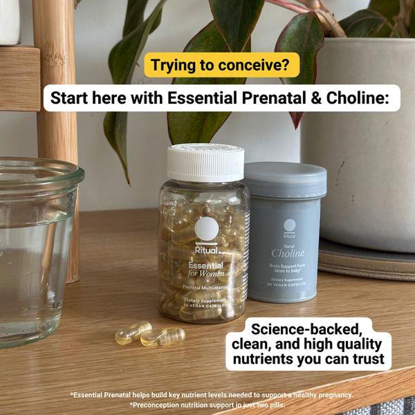 A clean, minimalist product shot of prenatal vitamins and choline on a wooden surface with text-based overlays addressing the consumer's stage of life.